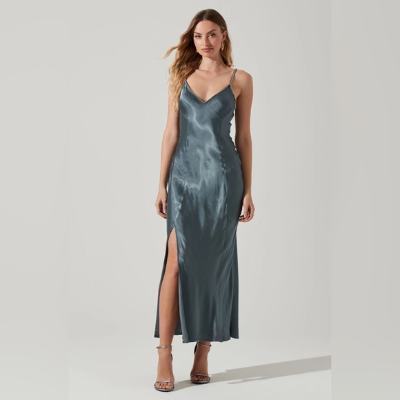 KATHLEEN RHINESTONE TRIM SATIN MIDI DRESS - Picture 3 of 11